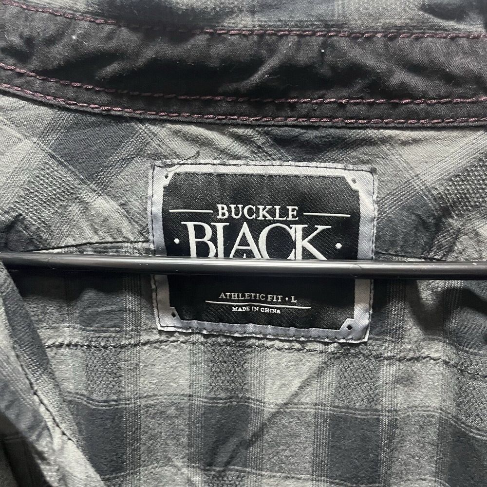 Mens Buckle Black Plaid Athletic Fit Shirt Snap Closure Size Large - Picture 3 of 7